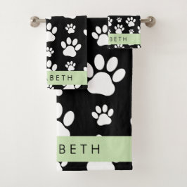 Paw Pattern, Dog Paws, Black and White, Jouw naam Bad Handdoek