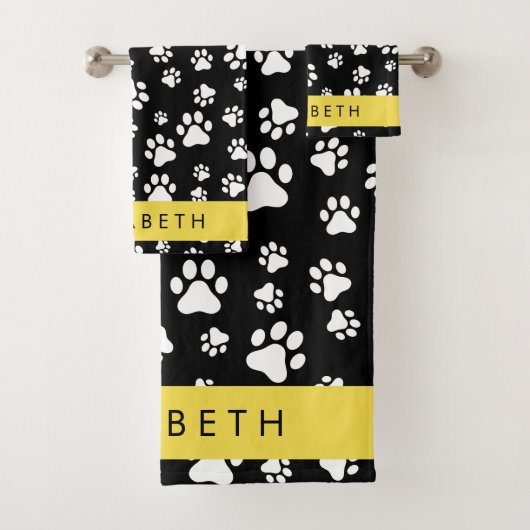 Paw Pattern, Dog Paws, Black and White, Jouw naam Bad Handdoek (Insitu)