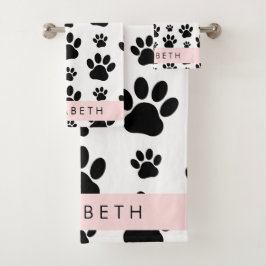 Paw Pattern, Dog Paws, Black and White, Jouw naam Bad Handdoek