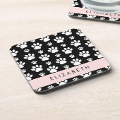 Paw Pattern, Dog Paws, Black and White, Jouw naam Bier Onderzetter (Linkerzijde)