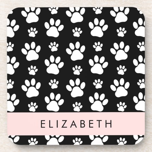 Paw Pattern, Dog Paws, Black and White, Jouw naam Bier Onderzetter (Voorkant)
