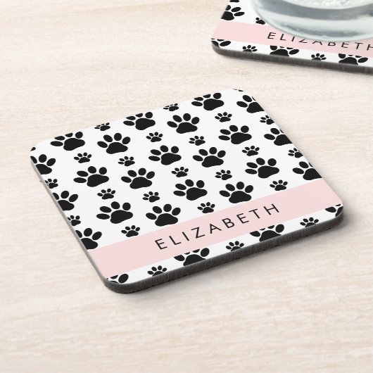Paw Pattern, Dog Paws, Black and White, Jouw naam Bier Onderzetter (Linkerzijde)
