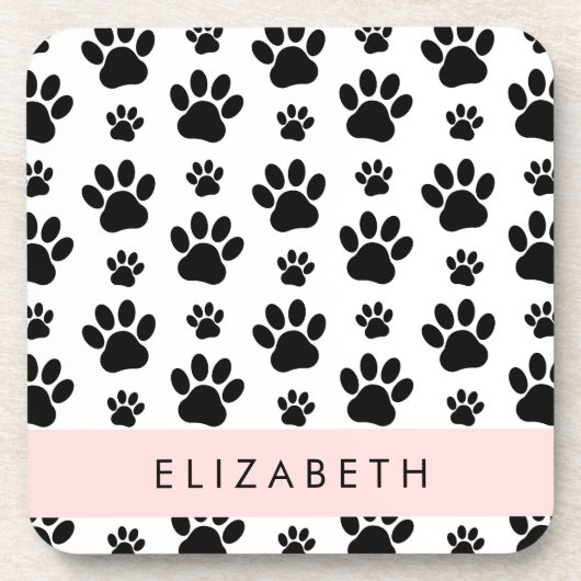 Paw Pattern, Dog Paws, Black and White, Jouw naam Bier Onderzetter (Voorkant)