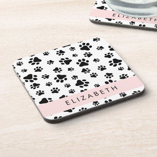 Paw Pattern, Dog Paws, Black and White, Jouw naam Bier Onderzetter (Linkerzijde)