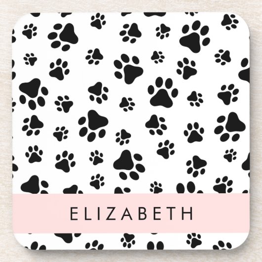 Paw Pattern, Dog Paws, Black and White, Jouw naam Bier Onderzetter (Voorkant)