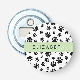 Paw Pattern, Dog Paws, Black and White, Jouw naam Button Flesopener