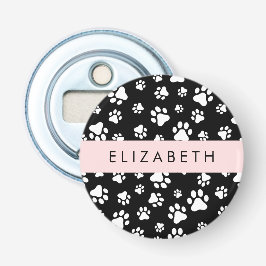 Paw Pattern, Dog Paws, Black and White, Jouw naam Button Flesopener