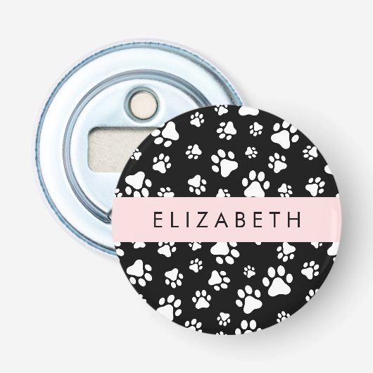 Paw Pattern, Dog Paws, Black and White, Jouw naam Button Flesopener (Voorkant)