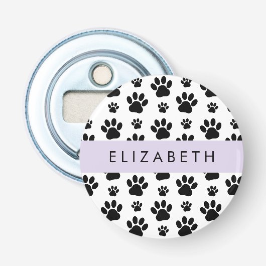 Paw Pattern, Dog Paws, Black and White, Jouw naam Button Flesopener (Voorkant)