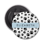 Paw Pattern, Dog Paws, Black and White, Jouw naam Button Flesopener (Voorkant)