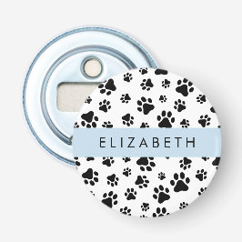 Paw Pattern, Dog Paws, Black and White, Jouw naam Button Flesopener