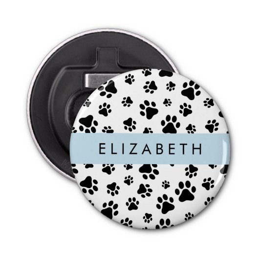 Paw Pattern, Dog Paws, Black and White, Jouw naam Button Flesopener (Voorkant)