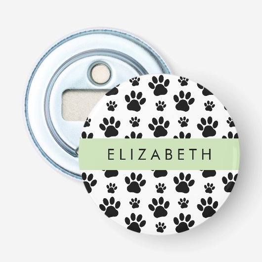 Paw Pattern, Dog Paws, Black and White, Jouw naam Button Flesopener (Voorkant)