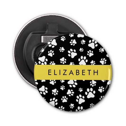 Paw Pattern, Dog Paws, Black and White, Jouw naam Button Flesopener (Voorkant)