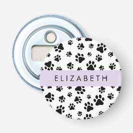 Paw Pattern, Dog Paws, Black and White, Jouw naam Button Flesopener