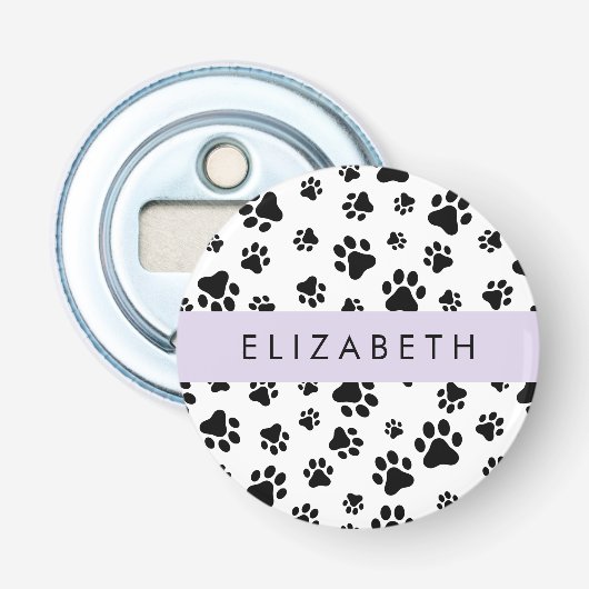 Paw Pattern, Dog Paws, Black and White, Jouw naam Button Flesopener (Voorkant)