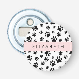 Paw Pattern, Dog Paws, Black and White, Jouw naam Button Flesopener