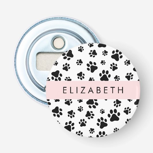 Paw Pattern, Dog Paws, Black and White, Jouw naam Button Flesopener (Voorkant)