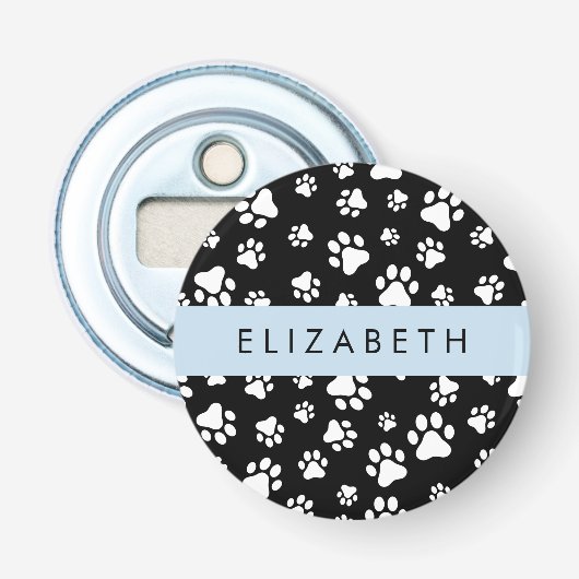 Paw Pattern, Dog Paws, Black and White, Jouw naam Button Flesopener (Voorkant)