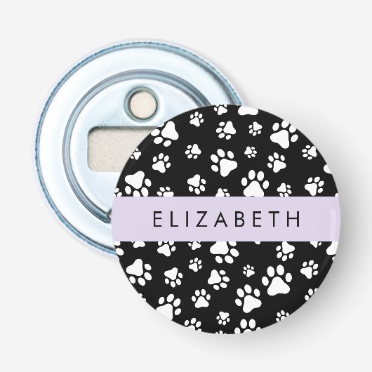 Paw Pattern, Dog Paws, Black and White, Jouw naam Button Flesopener (Voorkant)