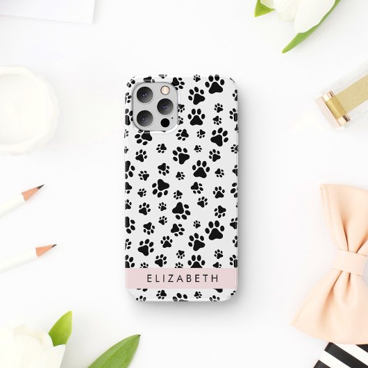 Paw Pattern, Dog Paws, Black and White, Jouw naam Case-Mate iPhone Case