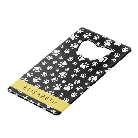 Paw Pattern, Dog Paws, Black and White, Jouw naam Creditkaart Flessenopener (Achterkant Gekanteld)