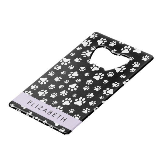 Paw Pattern, Dog Paws, Black and White, Jouw naam Creditkaart Flessenopener (Achterkant Gekanteld)