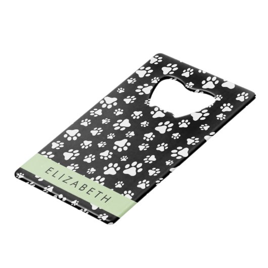 Paw Pattern, Dog Paws, Black and White, Jouw naam Creditkaart Flessenopener (Achterkant Gekanteld)