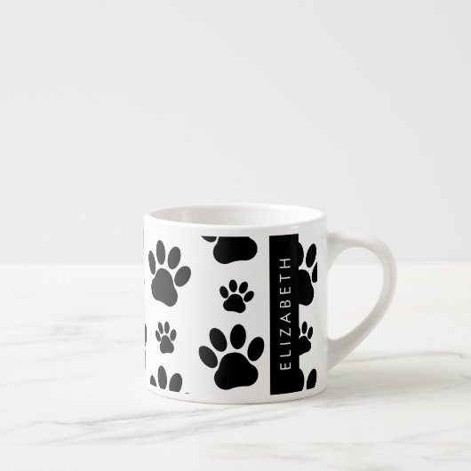 Paw Pattern, Dog Paws, Black and White, Jouw naam Espresso Kop (Rechts)