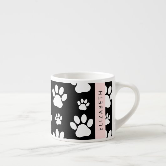 Paw Pattern, Dog Paws, Black and White, Jouw naam Espresso Kop (Rechts)