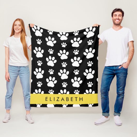 Paw Pattern, Dog Paws, Black and White, Jouw naam Fleece Deken (In situ)