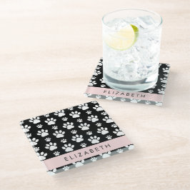 Paw Pattern, Dog Paws, Black and White, Jouw naam Glazen Onderzetter