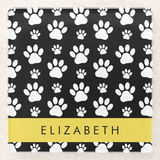 Paw Pattern, Dog Paws, Black and White, Jouw naam Glazen Onderzetter (Voorkant)