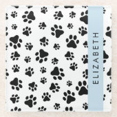 Paw Pattern, Dog Paws, Black and White, Jouw naam Glazen Onderzetter (Voorkant)