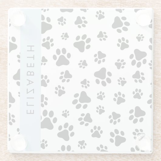 Paw Pattern, Dog Paws, Black and White, Jouw naam Glazen Onderzetter (Achterkant)