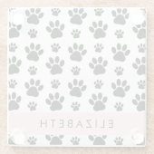 Paw Pattern, Dog Paws, Black and White, Jouw naam Glazen Onderzetter (Achterkant)