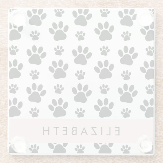 Paw Pattern, Dog Paws, Black and White, Jouw naam Glazen Onderzetter (Achterkant)