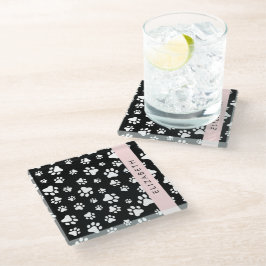 Paw Pattern, Dog Paws, Black and White, Jouw naam Glazen Onderzetter