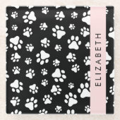 Paw Pattern, Dog Paws, Black and White, Jouw naam Glazen Onderzetter (Voorkant)