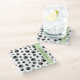 Paw Pattern, Dog Paws, Black and White, Jouw naam Glazen Onderzetter