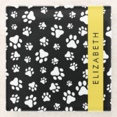 Paw Pattern, Dog Paws, Black and White, Jouw naam Glazen Onderzetter (Voorkant)