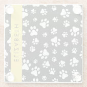 Paw Pattern, Dog Paws, Black and White, Jouw naam Glazen Onderzetter (Achterkant)