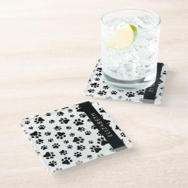 Paw Pattern, Dog Paws, Black and White, Jouw naam Glazen Onderzetter