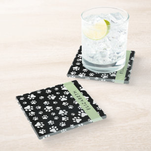 Paw Pattern, Dog Paws, Black and White, Jouw naam Glazen Onderzetter