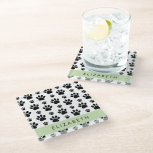 Paw Pattern, Dog Paws, Black and White, Jouw naam Glazen Onderzetter