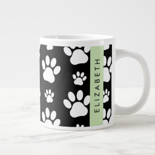 Paw Pattern, Dog Paws, Black and White, Jouw naam Grote Koffiekop