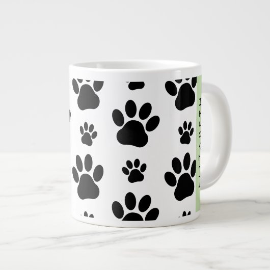 Paw Pattern, Dog Paws, Black and White, Jouw naam Grote Koffiekop (Voorkant rechts)