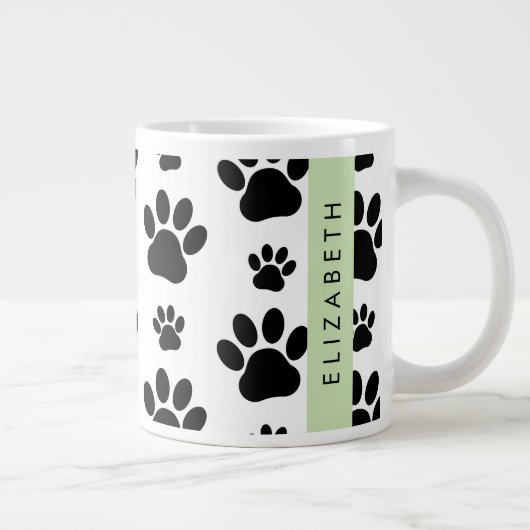 Paw Pattern, Dog Paws, Black and White, Jouw naam Grote Koffiekop (Rechts)