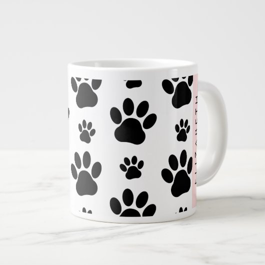 Paw Pattern, Dog Paws, Black and White, Jouw naam Grote Koffiekop (Voorkant rechts)