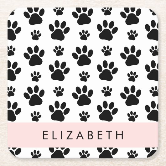 Paw Pattern, Dog Paws, Black and White, Jouw naam Kartonnen Onderzetters (Voorkant)